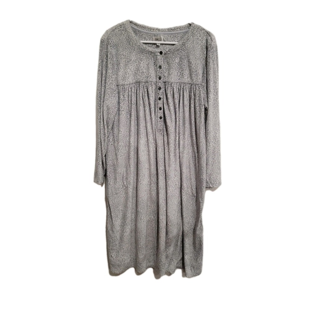 Aria Grey Animal Print Henley Nightgown Size 2X Plus Pockets Soft Stretch